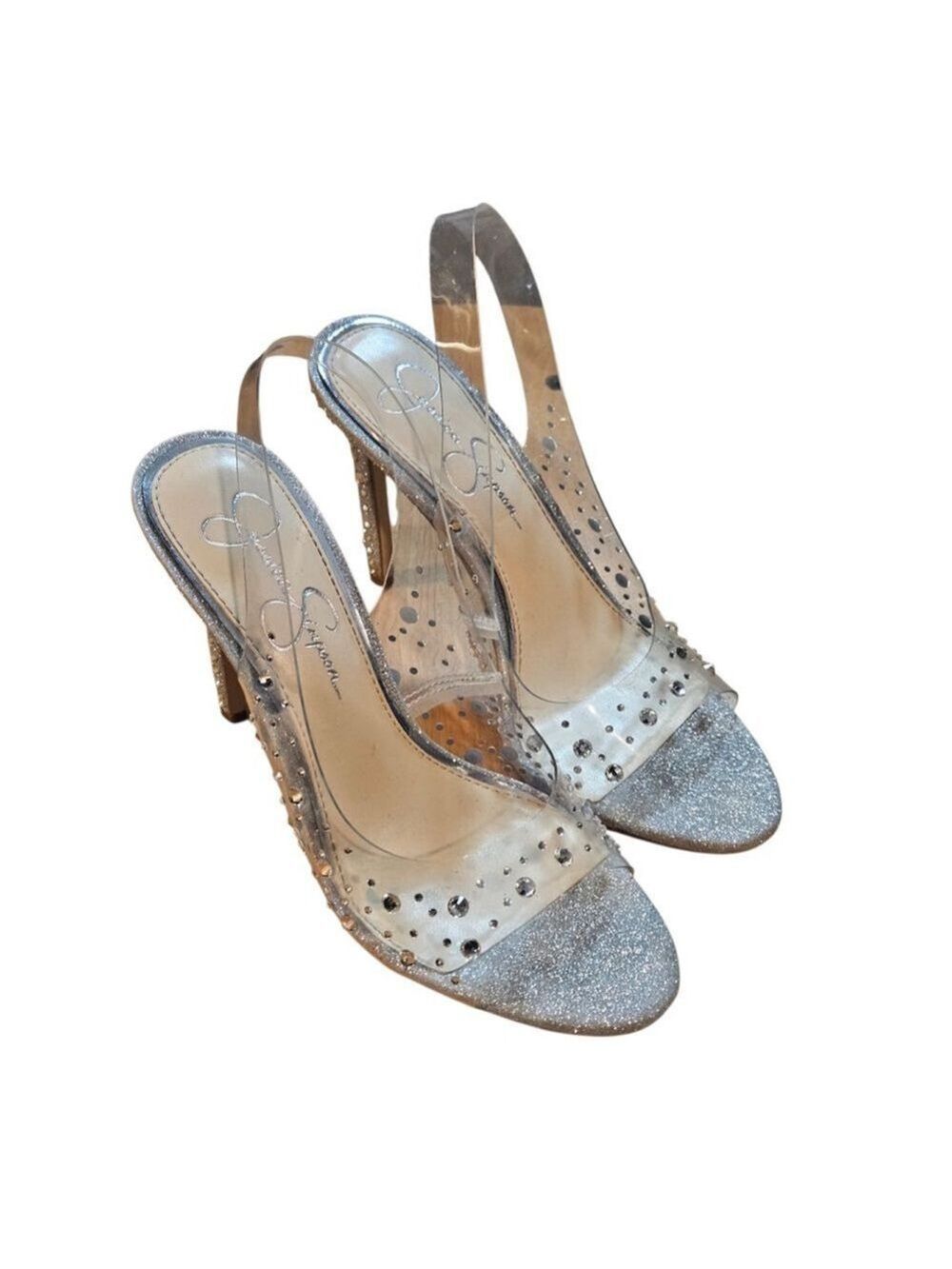 Jessica Simpson Silver Clear Glitter Slingback Heels Size 7 - Picture 4 of 14
